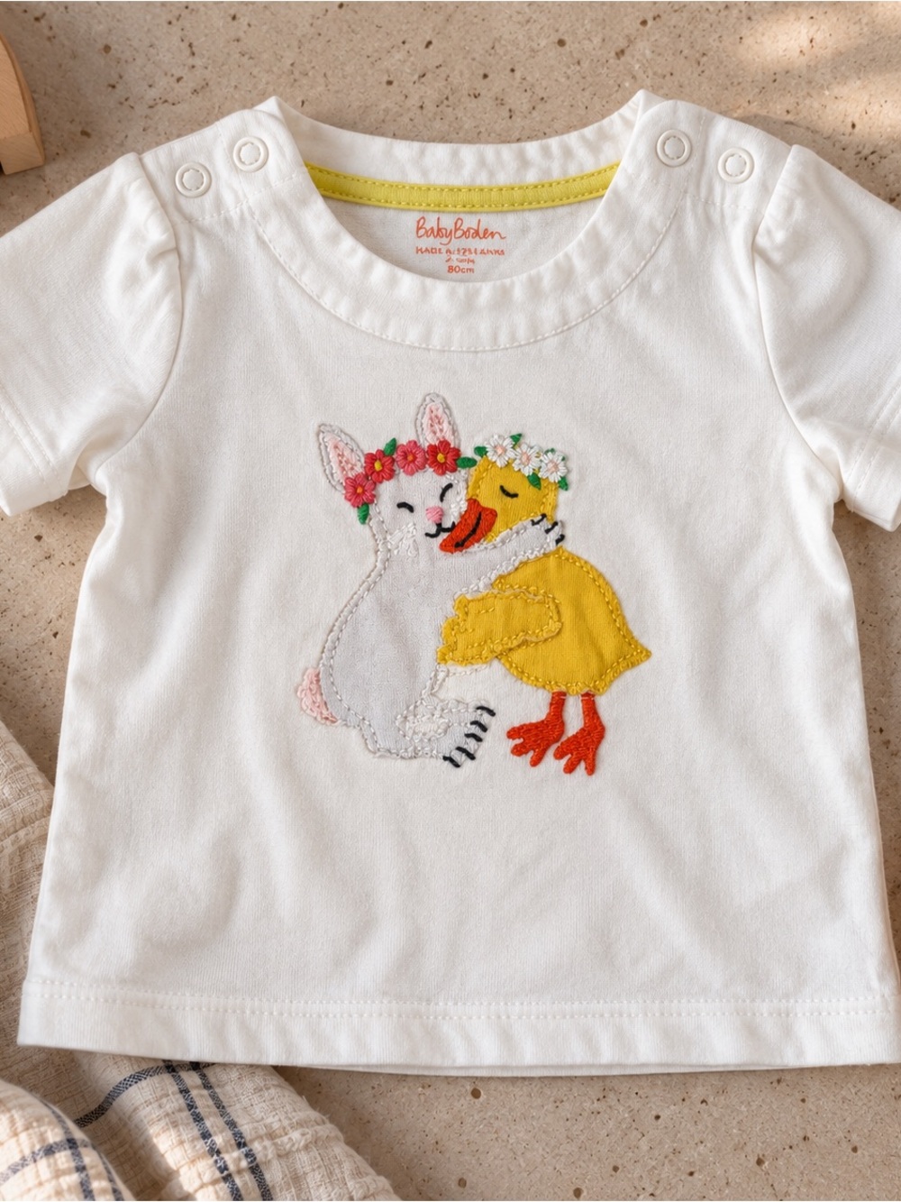Boden White Short Sleeve Tee with Yellow Duck & Pink-Accented Bunny Embroidery